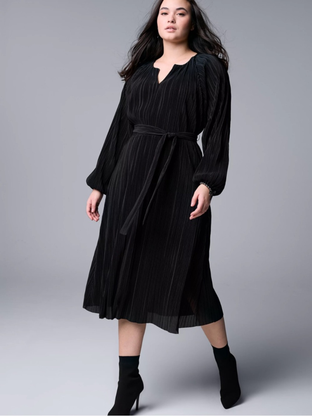 Simply Vera Vera Wang Black Pleated Midi Dress with Tie Waist